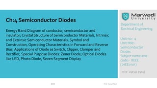 BEEE Prof. Vatsal Patel
Department of
Electrical Engineering
Prof. Vatsal Patel
Unit no:- 4
Unit title:-
Semiconductor
Diodes
Subject name and
code:- BEEE
(01EE0101)
Ch:4 Semiconductor Diodes
Energy Band Diagram of conductor, semiconductor and
insulator; Crystal Structure of Semiconductor Materials, Intrinsic
and Extrinsic Semiconductor Materials. Symbol and
Construction, Operating Characteristics in Forward and Reverse
Bias, Applications of Diode as Switch, Clipper, Clamper and
Rectifier; Special Purpose Diodes: Zener Diode; Optical Diodes
like LED, Photo Diode, Seven Segment Display
 
