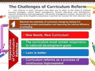 Maximize the potentials of curriculum change by linking it to increasing student participation and improving the internal efficiency of schooling.1The Challenges of Curriculum Reform