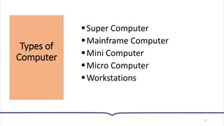 Types of
Computer
21
▪Super Computer
▪Mainframe Computer
▪Mini Computer
▪Micro Computer
▪Workstations
 