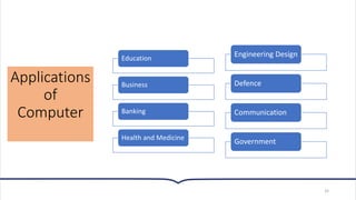Applications
of
Computer
32
Education
Business
Banking
Health and Medicine
Engineering Design
Defence
Communication
Government
 