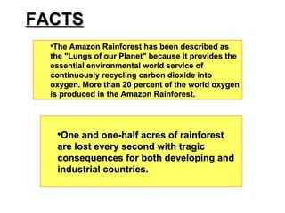 FACTS The Amazon Rainforest has been described as the "Lungs of our Planet" because it provides the essential environmental world service of continuously recycling carbon dioxide into oxygen. More than 20 percent of the world oxygen is produced in the Amazon Rainforest.  One and one-half acres of rainforest are lost every second with tragic consequences for both developing and industrial countries.  