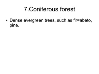 7.Coniferous forest Dense evergreen trees, such as fir=abeto, pine. 