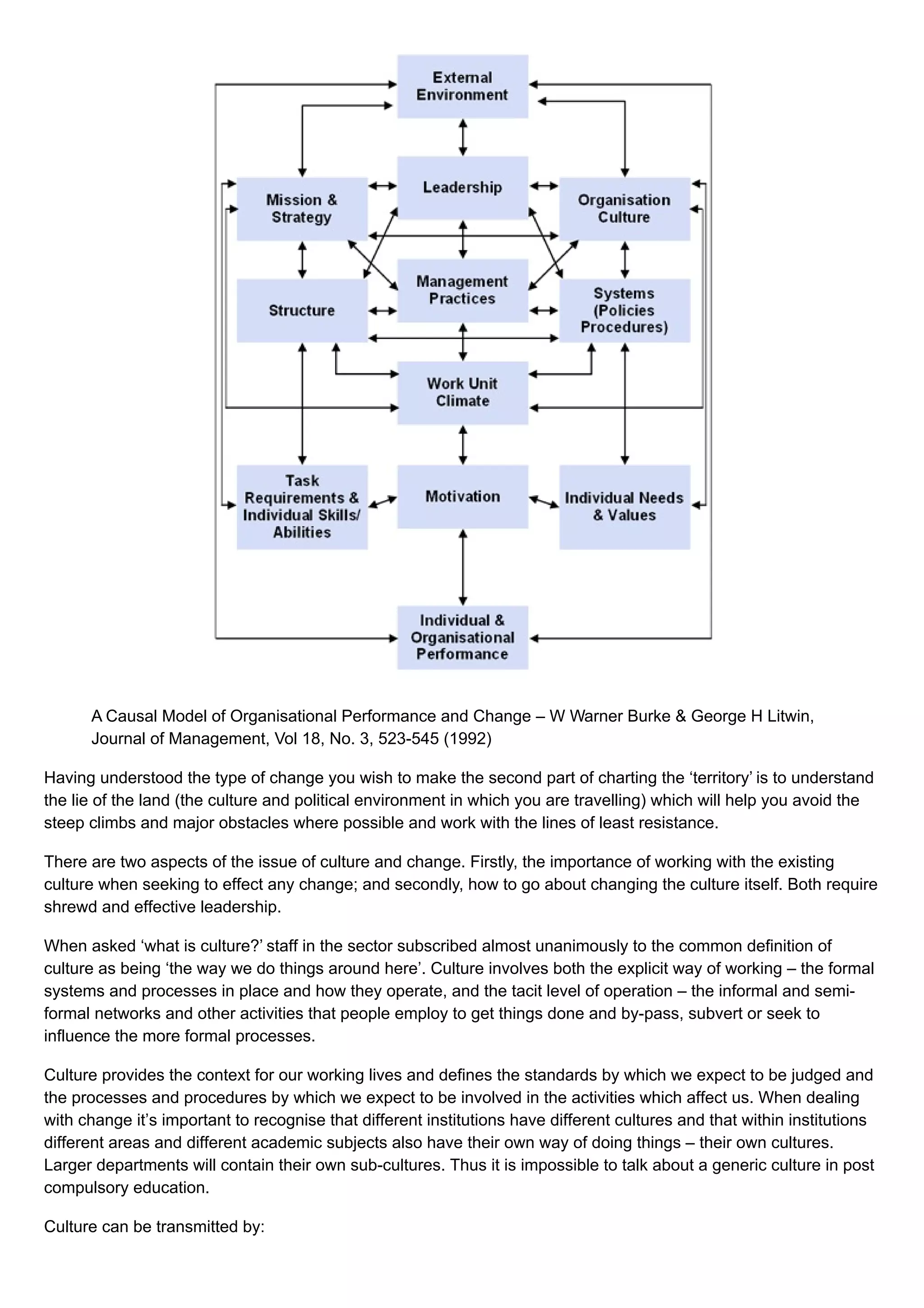 A Causal Model of Organisational Performance and Change – W Warner Burke & George H Litwin,
Journal of Management, Vol 18, No. 3, 523-545 (1992)
Having understood the type of change you wish to make the second part of charting the ‘territory’ is to understand
the lie of the land (the culture and political environment in which you are travelling) which will help you avoid the
steep climbs and major obstacles where possible and work with the lines of least resistance.
There are two aspects of the issue of culture and change. Firstly, the importance of working with the existing
culture when seeking to effect any change; and secondly, how to go about changing the culture itself. Both require
shrewd and effective leadership.
When asked ‘what is culture?’ staff in the sector subscribed almost unanimously to the common definition of
culture as being ‘the way we do things around here’. Culture involves both the explicit way of working – the formal
systems and processes in place and how they operate, and the tacit level of operation – the informal and semi-
formal networks and other activities that people employ to get things done and by-pass, subvert or seek to
influence the more formal processes.
Culture provides the context for our working lives and defines the standards by which we expect to be judged and
the processes and procedures by which we expect to be involved in the activities which affect us. When dealing
with change it’s important to recognise that different institutions have different cultures and that within institutions
different areas and different academic subjects also have their own way of doing things – their own cultures.
Larger departments will contain their own sub-cultures. Thus it is impossible to talk about a generic culture in post
compulsory education.
Culture can be transmitted by:
 