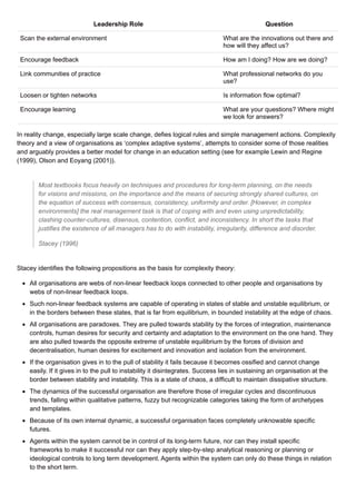 Scan the external environment What are the innovations out there and
how will they affect us?
Encourage feedback How am I doing? How are we doing?
Link communities of practice What professional networks do you
use?
Loosen or tighten networks Is information flow optimal?
Encourage learning What are your questions? Where might
we look for answers?
Leadership Role Question
In reality change, especially large scale change, defies logical rules and simple management actions. Complexity
theory and a view of organisations as ‘complex adaptive systems’, attempts to consider some of those realities
and arguably provides a better model for change in an education setting (see for example Lewin and Regine
(1999), Olson and Eoyang (2001)).
Most textbooks focus heavily on techniques and procedures for long-term planning, on the needs
for visions and missions, on the importance and the means of securing strongly shared cultures, on
the equation of success with consensus, consistency, uniformity and order. [However, in complex
environments] the real management task is that of coping with and even using unpredictability,
clashing counter-cultures, disensus, contention, conflict, and inconsistency. In short the tasks that
justifies the existence of all managers has to do with instability, irregularity, difference and disorder.
Stacey (1996)
Stacey identifies the following propositions as the basis for complexity theory:
All organisations are webs of non-linear feedback loops connected to other people and organisations by
webs of non-linear feedback loops.
Such non-linear feedback systems are capable of operating in states of stable and unstable equilibrium, or
in the borders between these states, that is far from equilibrium, in bounded instability at the edge of chaos.
All organisations are paradoxes. They are pulled towards stability by the forces of integration, maintenance
controls, human desires for security and certainty and adaptation to the environment on the one hand. They
are also pulled towards the opposite extreme of unstable equilibrium by the forces of division and
decentralisation, human desires for excitement and innovation and isolation from the environment.
If the organisation gives in to the pull of stability it fails because it becomes ossified and cannot change
easily. If it gives in to the pull to instability it disintegrates. Success lies in sustaining an organisation at the
border between stability and instability. This is a state of chaos, a difficult to maintain dissipative structure.
The dynamics of the successful organisation are therefore those of irregular cycles and discontinuous
trends, falling within qualitative patterns, fuzzy but recognizable categories taking the form of archetypes
and templates.
Because of its own internal dynamic, a successful organisation faces completely unknowable specific
futures.
Agents within the system cannot be in control of its long-term future, nor can they install specific
frameworks to make it successful nor can they apply step-by-step analytical reasoning or planning or
ideological controls to long term development. Agents within the system can only do these things in relation
to the short term.
 