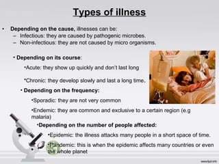 Types of illness
• Depending on the cause, illnesses can be:
– Infectious: they are caused by pathogenic microbes.
– Non-infectious: they are not caused by micro organisms.
• Depending on its course:
•Acute: they show up quickly and don’t last long
•Chronic: they develop slowly and last a long time.
• Depending on the frequency:
•Sporadic: they are not very common
•Endemic: they are common and exclusive to a certain region (e.g
malaria)
•Depending on the number of people affected:
•Epidemic: the illness attacks many people in a short space of time.
•Pandemic: this is when the epidemic affects many countries or even
the whole planet
 