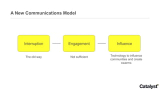 A New Communications Model Interruption Engagement Influence The old way Not sufficient Technology to influence communities and create swarms 