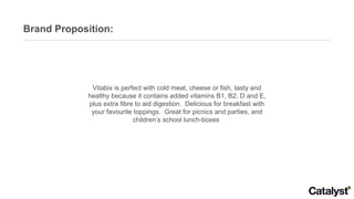 Brand Proposition: Vitabix is perfect with cold meat, cheese or fish, tasty and healthy because it contains added vitamins B1, B2, D and E, plus extra fibre to aid digestion.  Delicious for breakfast with your favourite toppings.  Great for picnics and parties, and children’s school lunch-boxes  