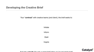 Developing the Creative Brief Your “ contract ” with creative teams (and client), the brief seeks to: Initiate Inform Distil Inspire And get a  result ! ( It’s only a great brief when you’ve got great work ) 