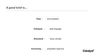 A good brief is... Clear - and consistent Colloquial - plain language Directional - focus, not lists Convincing - proposition rings true Stimulating - “I could answer that” 