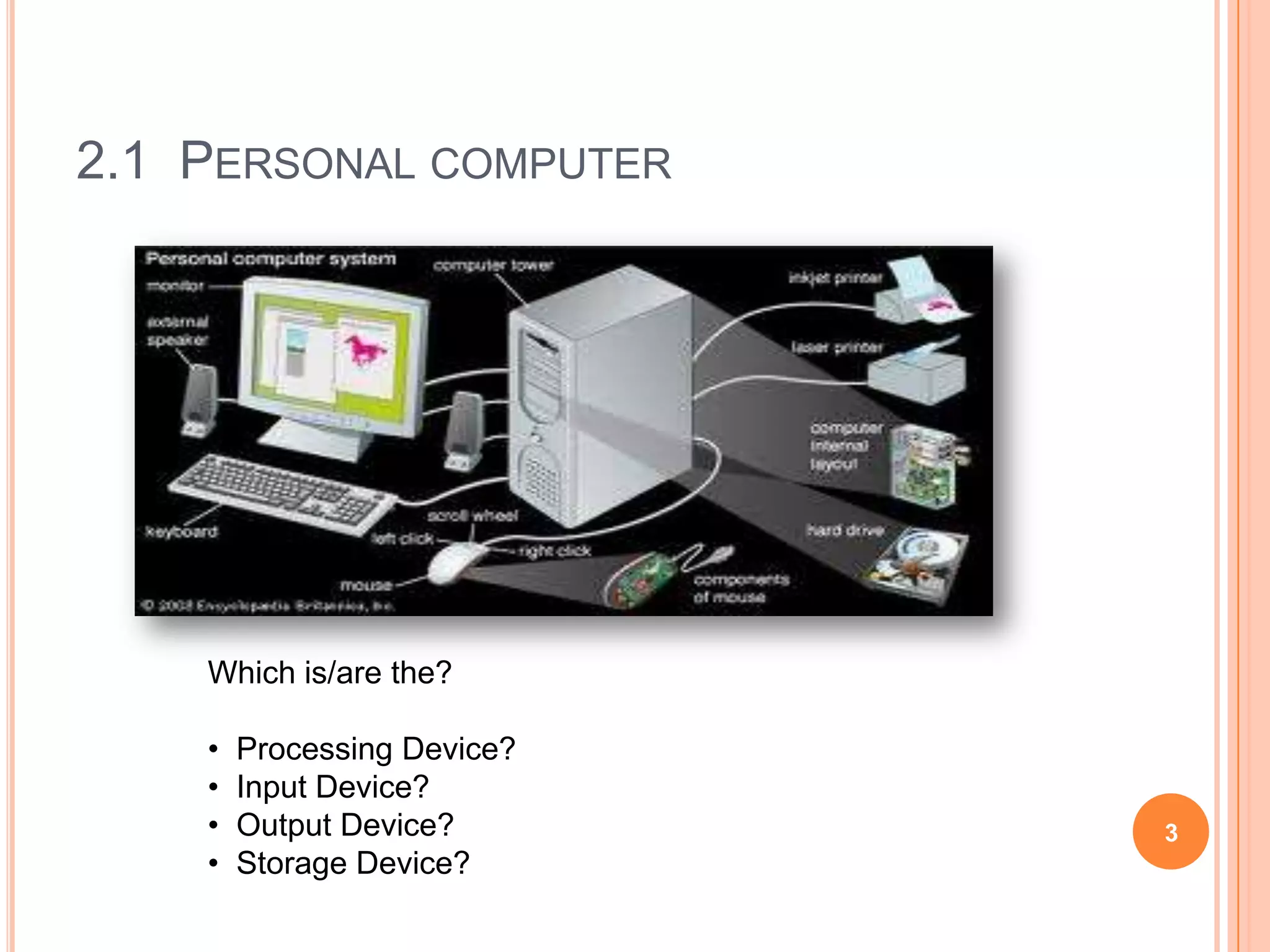 2.1 PERSONAL COMPUTER




    Which is/are the?

    •   Processing Device?
    •   Input Device?
    •   Output Device?       3
    •   Storage Device?
 