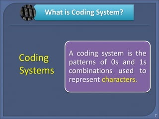 What is Coding System?
7
A coding system is the
patterns of 0s and 1s
combinations used to
represent characters.
Coding
Systems
 