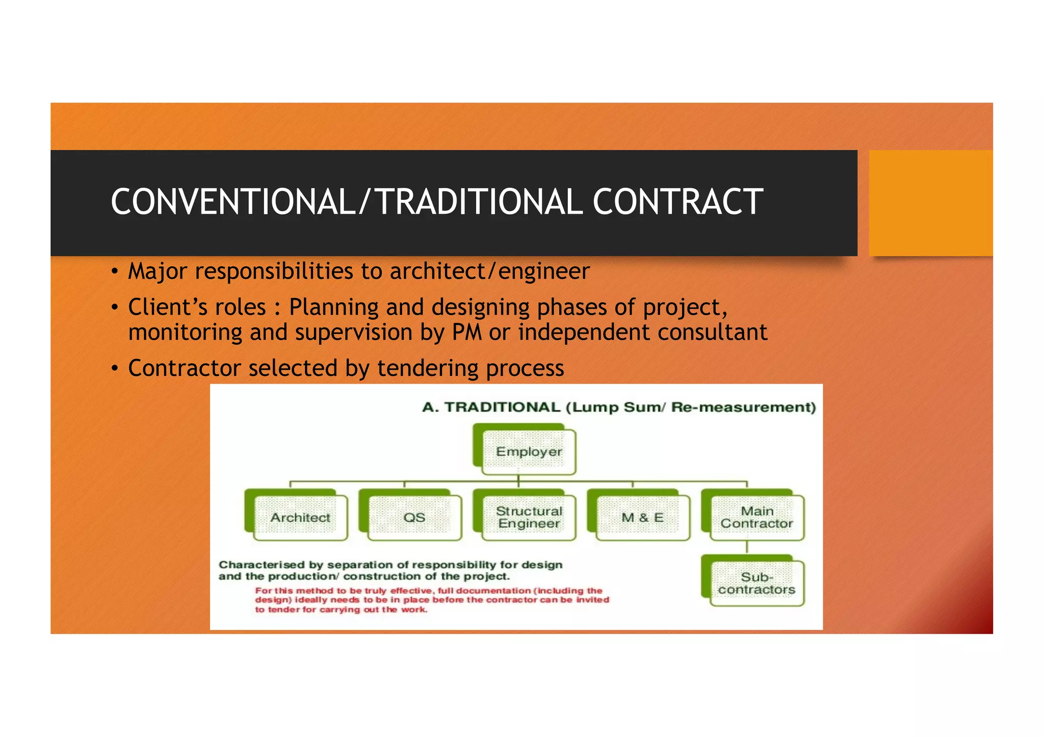 CONVENTIONAL/TRADITIONAL CONTRACT
• Major responsibilities to architect/engineer
• Client’s roles : Planning and designing phases of project,
monitoring and supervision by PM or independent consultant
• Contractor selected by tendering process
 