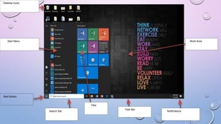 Start Button
Desktop Icons
Start Menu
Search Bar
Tiles
Task Bar
Notifications
Work Area
 