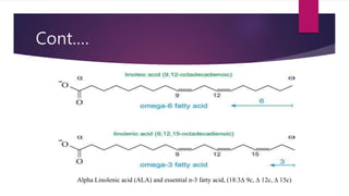 Cont.…
Alpha Linolenic acid (ALA) and essential n-3 fatty acid, (18:3∆ 9c, ∆ 12c, ∆ 15c)
 