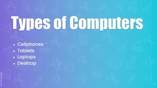 Types of Computers
● Cellphones
● Tablets
● Laptops
● Desktop
7
 