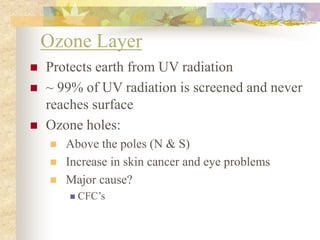 Ozone Layer
 Protects earth from UV radiation
 ~ 99% of UV radiation is screened and never
reaches surface
 Ozone holes:
 Above the poles (N & S)
 Increase in skin cancer and eye problems
 Major cause?
 CFC’s
 