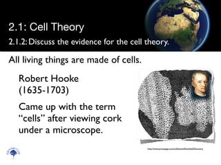 2.1.2:	

Discuss the evidence for the cell theory.
Robert Hooke
(1635-1703)	

Came up with the term
“cells” after viewing cork
under a microscope.
Scien
cebitz.
com
2.1: Cell Theory
All living things are made of cells.
http://www.protopage.com/cellzmann#Untitled/Discovery
 