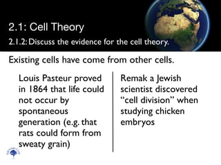 2.1.2:	

Discuss the evidence for the cell theory.
Louis Pasteur proved
in 1864 that life could
not occur by
spontaneous
generation (e.g. that
rats could form from
sweaty grain)
Scien
cebitz.
com
2.1: Cell Theory
Existing cells have come from other cells.
Remak a Jewish
scientist discovered
“cell division” when
studying chicken
embryos
 