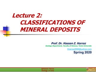 Lecture 2:
CLASSIFICATIONS OF
MINERAL DEPOSITS
Prof. Dr. Hassan Z. Harraz
Geology Department, Faculty of Science, Tanta University
hharraz2006@yahoo.com
Spring 2020
 