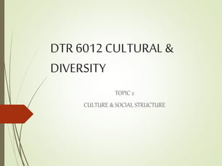 DTR 6012CULTURAL &
DIVERSITY
TOPIC 2
CULTURE & SOCIAL STRUCTURE
 