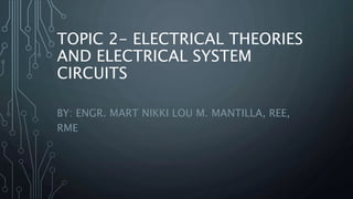 TOPIC 2- ELECTRICAL THEORIES
AND ELECTRICAL SYSTEM
CIRCUITS
BY: ENGR. MART NIKKI LOU M. MANTILLA, REE,
RME
 