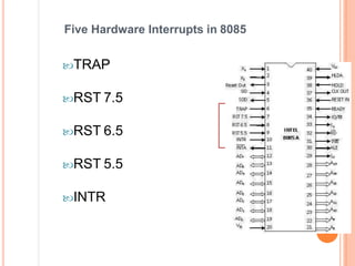 Five Hardware Interrupts in 8085
TRAP
RST 7.5
RST 6.5
RST 5.5
INTR
 