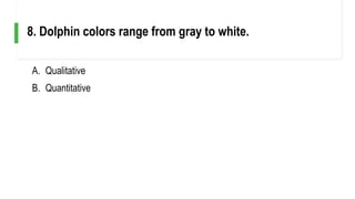 A. Qualitative
B. Quantitative
8. Dolphin colors range from gray to white.
 