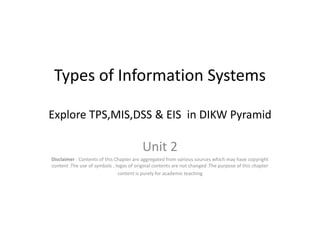 Types of Information Systems
Explore TPS,MIS,DSS & EIS in DIKW Pyramid
Unit 2
Disclaimer : Contents of this Chapter are aggregated from various sources which may have copyright
content .The use of symbols , logos of original contents are not changed .The purpose of this chapter
content is purely for academic teaching
 