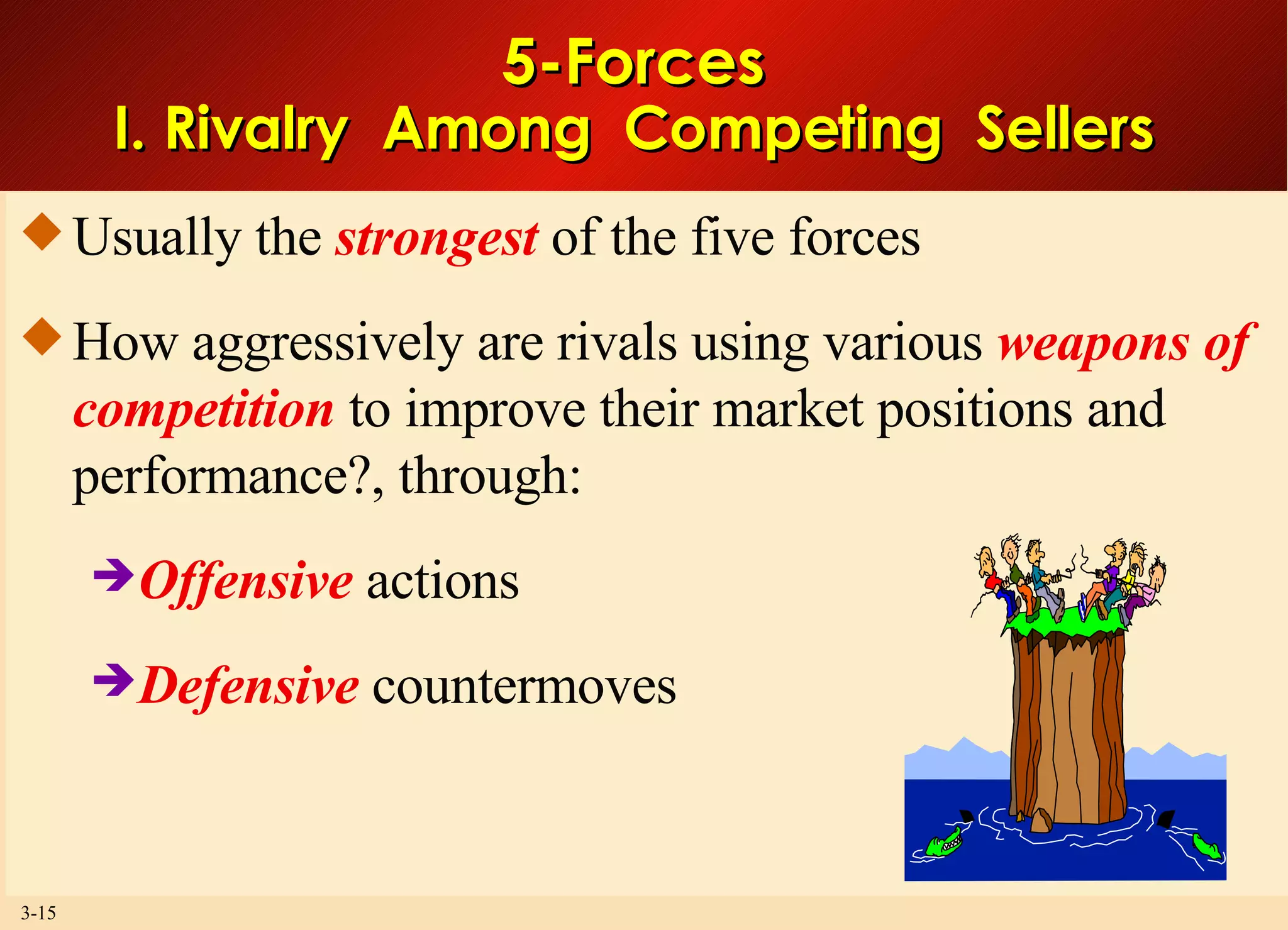 5-Forces I. Rivalry  Among  Competing  Sellers Usually the  strongest  of the five forces How aggressively are rivals using various  weapons of competition  to improve their market positions and performance?, through: Offensive  actions Defensive  countermoves 