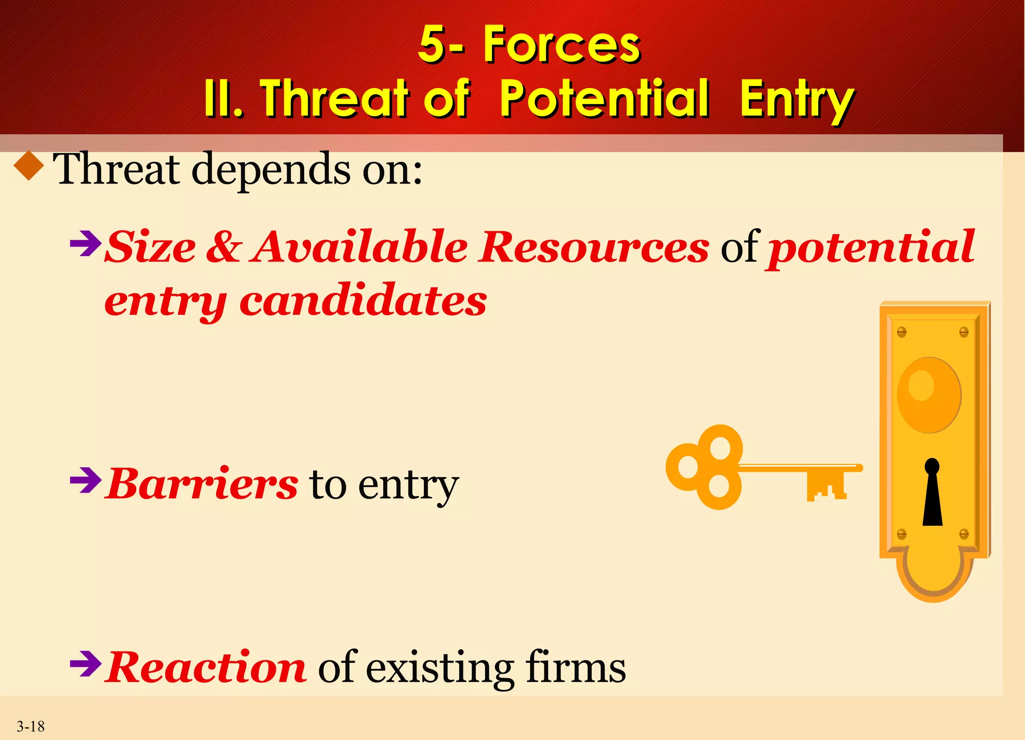 5- Forces II. Threat of  Potential  Entry Threat depends on: Size   & Available Resources   of  potential entry candidates   Barriers  to entry Reaction  of existing firms 