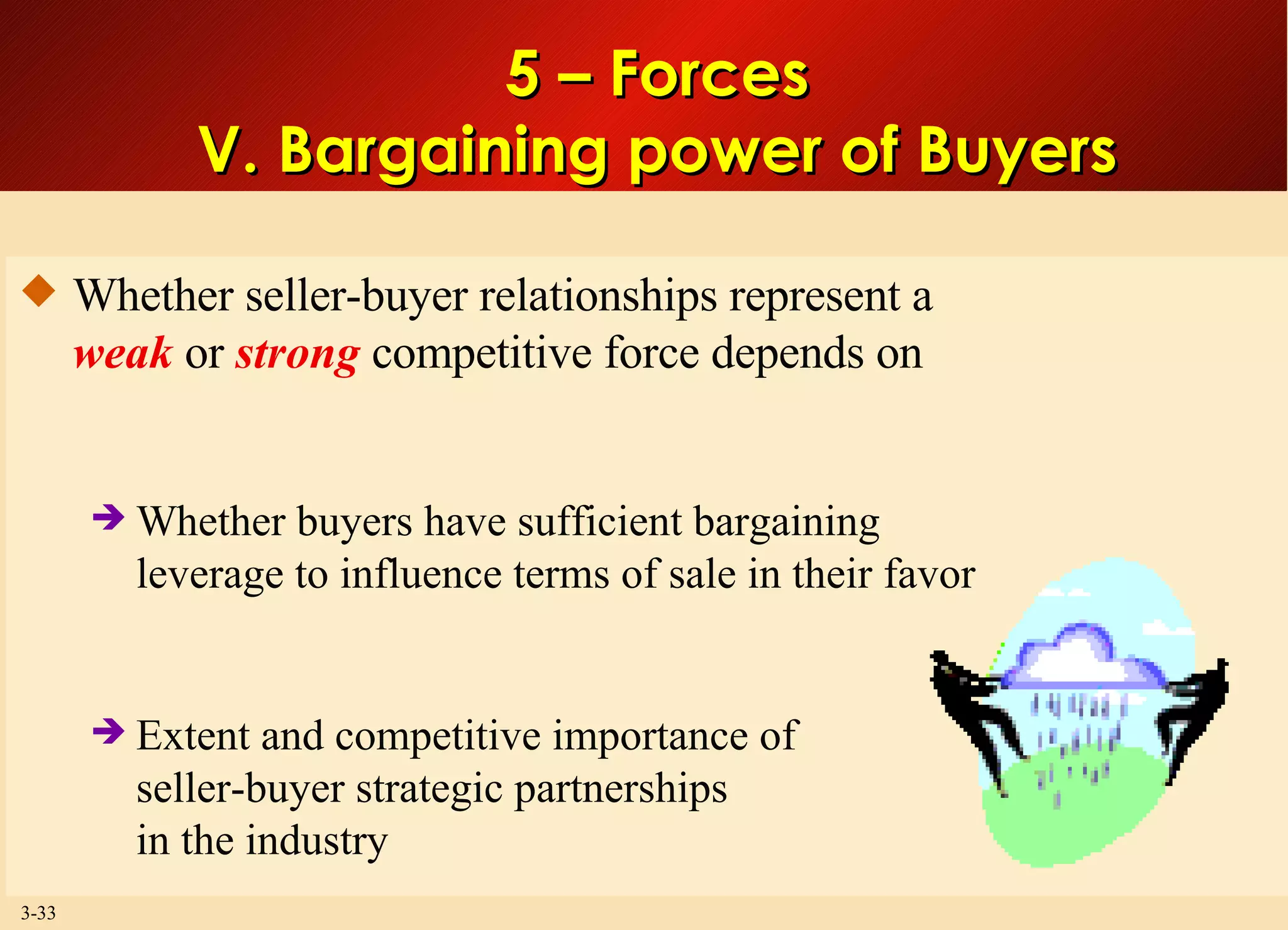 5 – Forces V. Bargaining power of Buyers Whether seller-buyer relationships represent a weak  or  strong  competitive force depends on Whether buyers have sufficient bargaining leverage to influence terms of sale in their favor Extent and competitive importance of seller-buyer strategic partnerships in the industry 