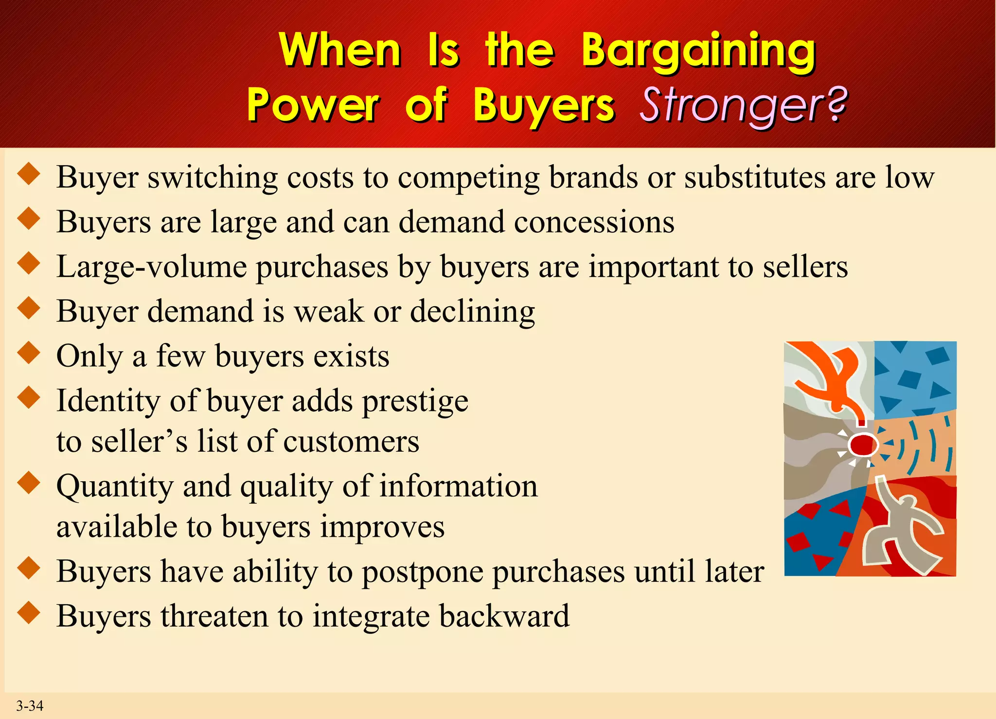When  Is  the  Bargaining Power  of  Buyers  Stronger? Buyer switching costs to competing brands or substitutes are low Buyers are large and can demand concessions Large-volume purchases by buyers are important to sellers Buyer demand is weak or declining Only a few buyers exists Identity of buyer adds prestige to seller’s list of customers Quantity and quality of information available to buyers improves Buyers have ability to postpone purchases until later Buyers threaten to integrate backward 