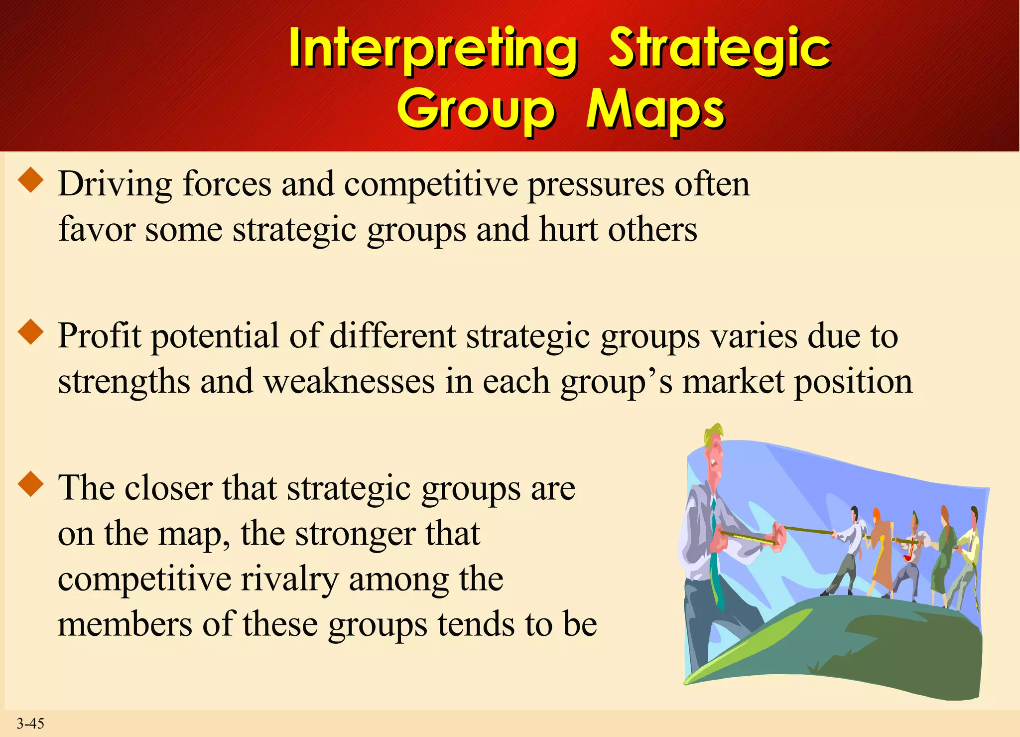 Interpreting  Strategic Group  Maps Driving forces and competitive pressures often favor some strategic groups and hurt others Profit potential of different strategic groups varies due to strengths and weaknesses in each group’s market position The closer that strategic groups are  on the map, the stronger that  competitive rivalry among the  members of these groups tends to be 
