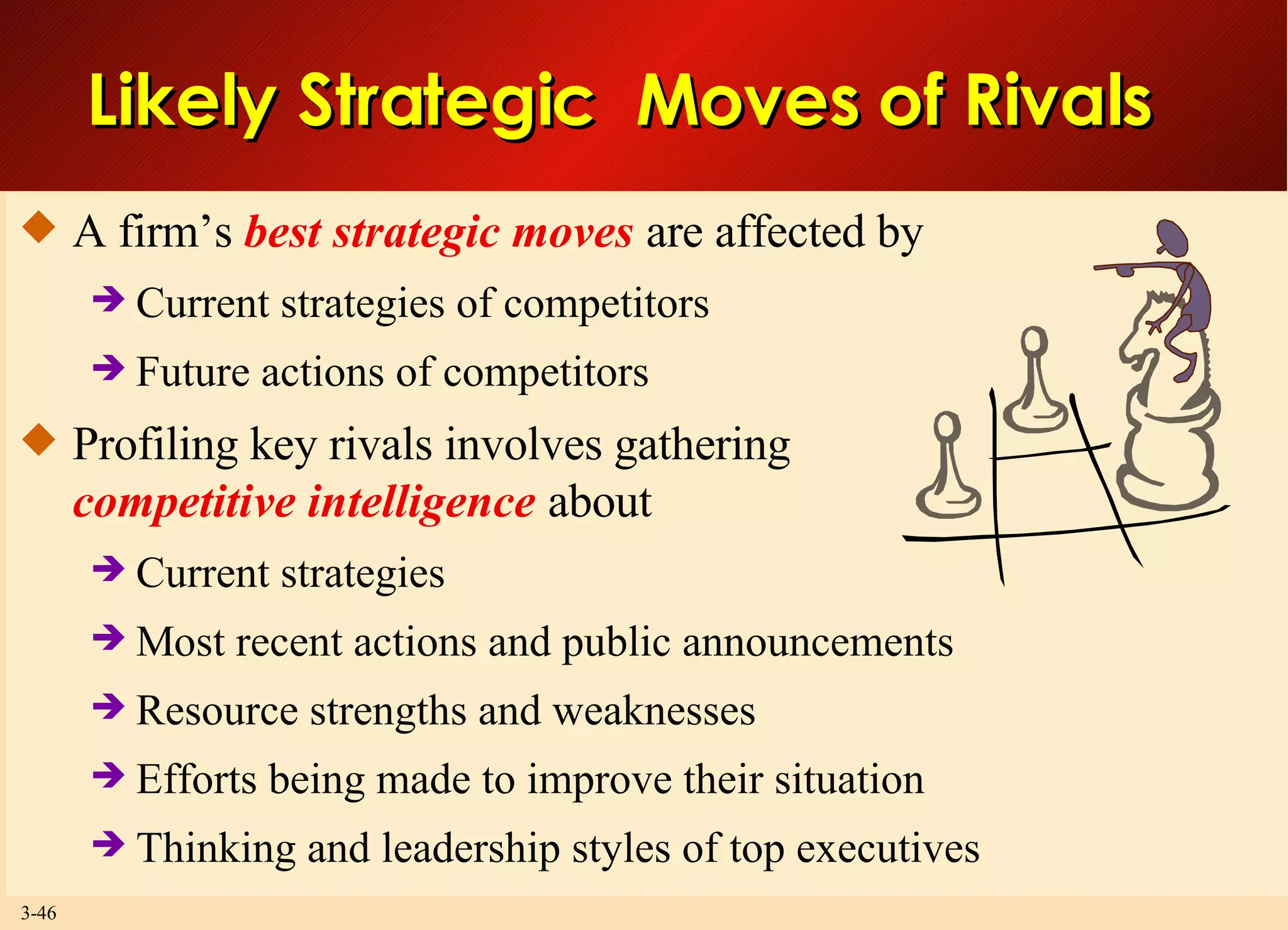 Likely Strategic  Moves of Rivals A firm’s  best strategic moves  are affected by Current strategies of competitors Future actions of competitors  Profiling key rivals involves gathering competitive intelligence  about Current strategies Most recent actions and public announcements Resource strengths and weaknesses Efforts being made to improve their situation Thinking and leadership styles of top executives 