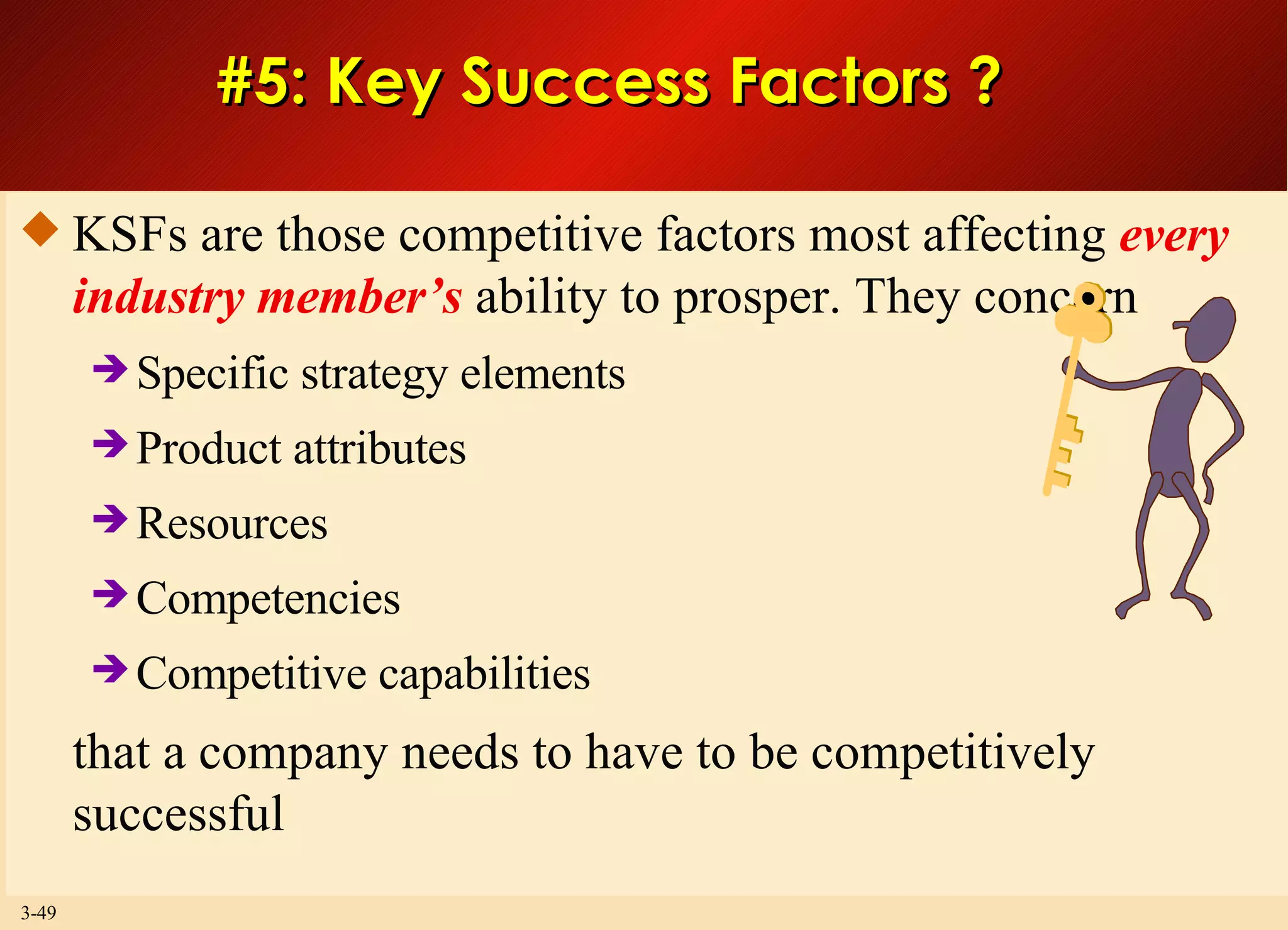 #5: Key Success Factors ? KSFs are those competitive factors most affecting  every industry member’s  ability to prosper. They concern   Specific strategy elements Product attributes Resources Competencies Competitive capabilities that a company needs to have to be competitively successful 