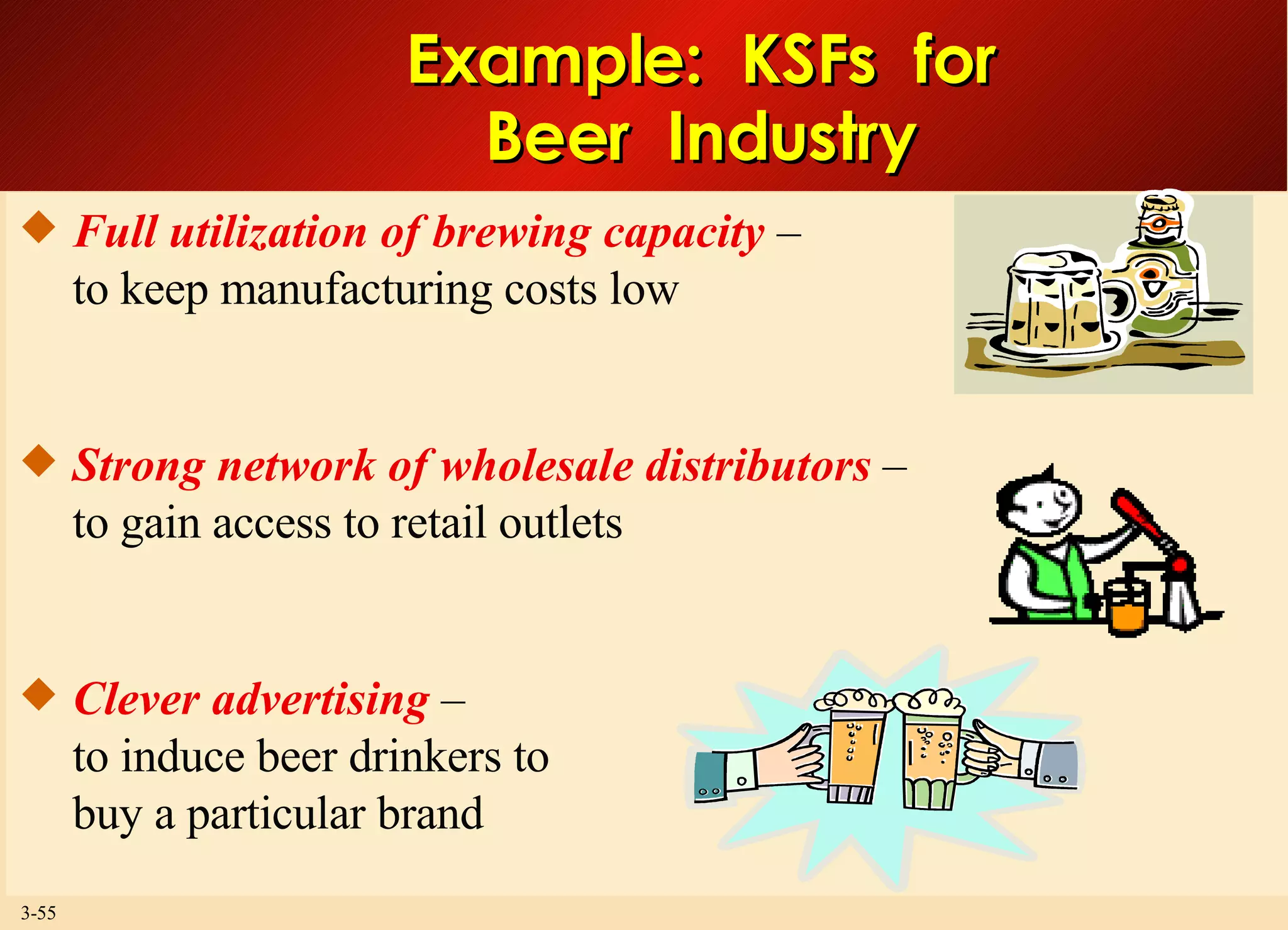 Example:  KSFs  for Beer  Industry Full utilization of brewing capacity  – to keep manufacturing costs low Strong network of wholesale distributors  – to gain access to retail outlets Clever advertising  – to induce beer drinkers to buy a particular brand 