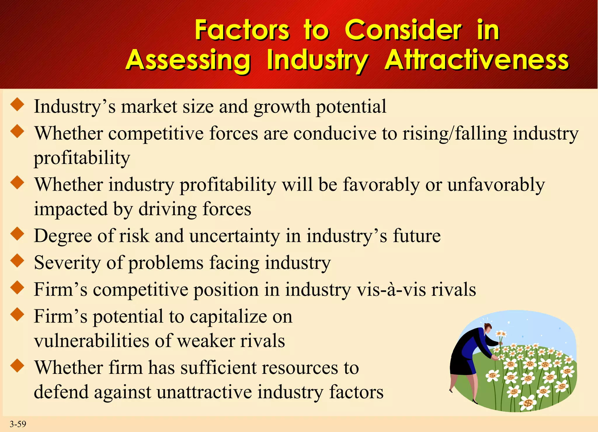 Factors  to  Consider  in Assessing  Industry  Attractiveness Industry’s market size and growth potential Whether competitive forces are conducive to rising/falling industry profitability Whether industry profitability will be favorably or unfavorably impacted by driving forces Degree of risk and uncertainty in industry’s future Severity of problems facing industry Firm’s competitive position in industry vis-à-vis rivals Firm’s potential to capitalize on vulnerabilities of weaker rivals Whether firm has sufficient resources to defend against unattractive industry factors 
