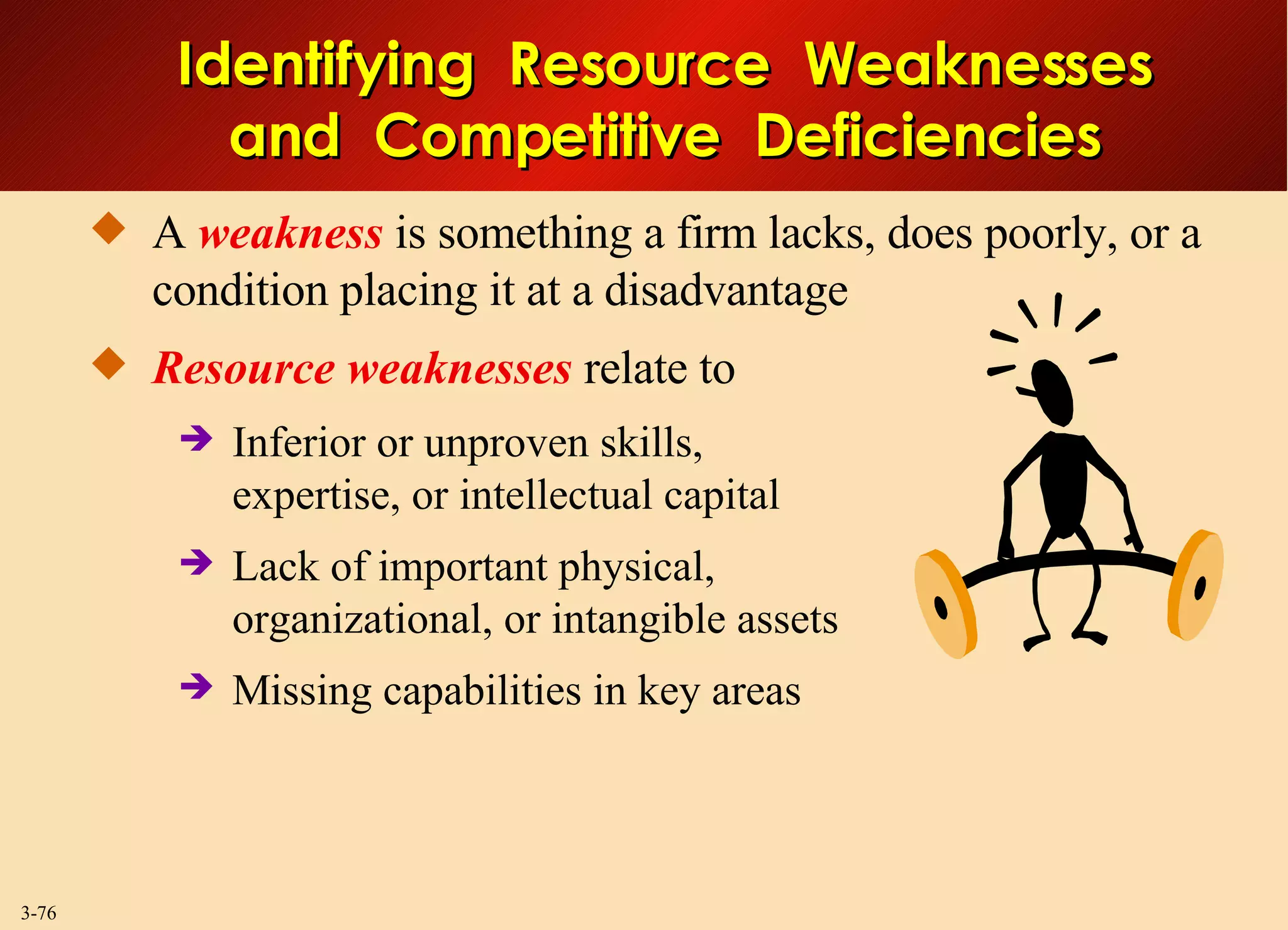 A  weakness  is something a firm lacks, does poorly, or a condition placing it at a disadvantage Resource weaknesses  relate to Inferior or unproven skills, expertise, or intellectual capital Lack of important physical, organizational, or intangible assets Missing capabilities in key areas Identifying  Resource  Weaknesses and  Competitive  Deficiencies 