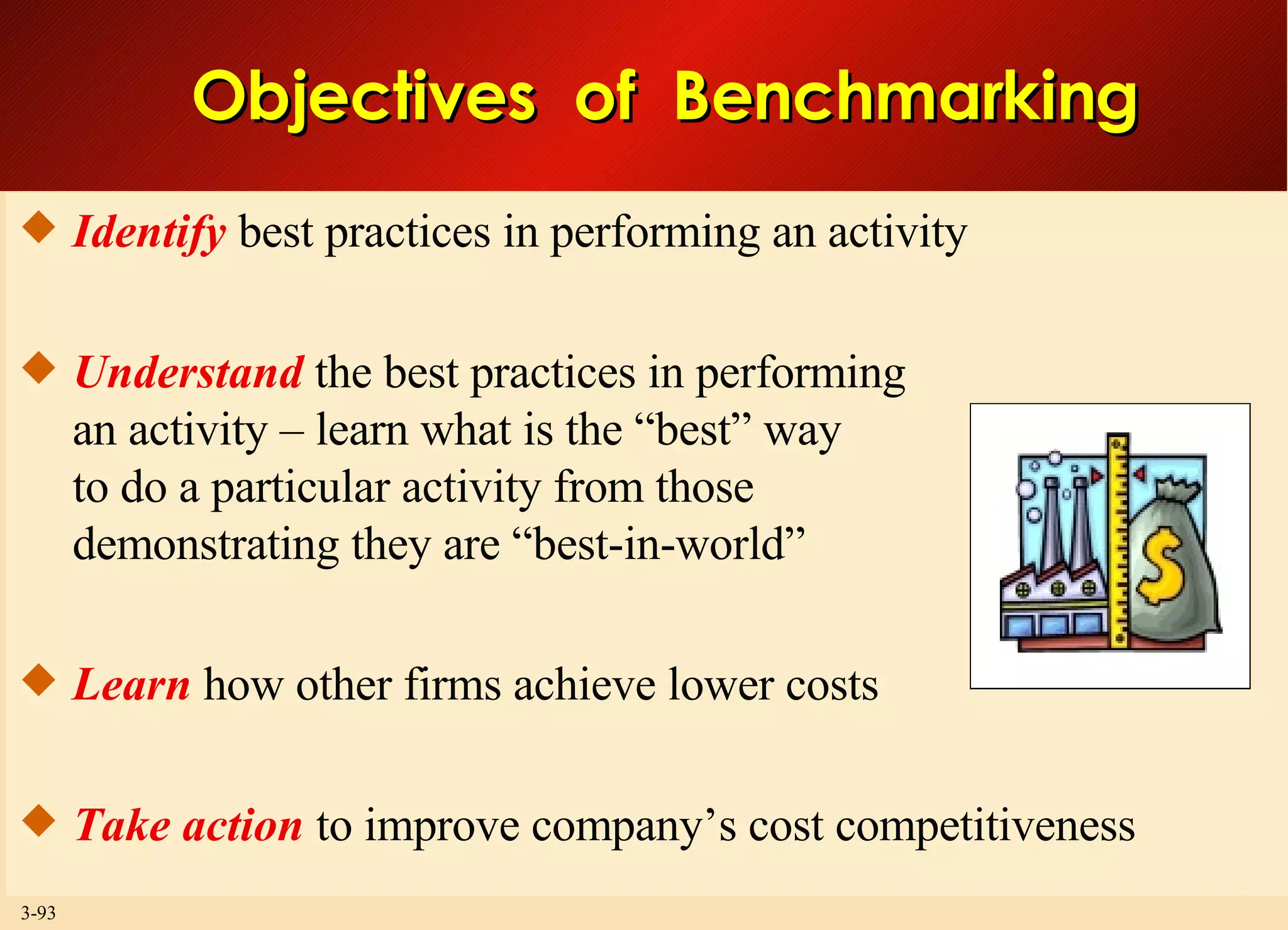 Objectives  of  Benchmarking Identify  best practices in performing an activity Understand  the best practices in performing an activity – learn what is the “best” way to do a particular activity from those demonstrating they are “best-in-world” Learn  how other firms achieve lower costs Take action  to improve company’s cost competitiveness 