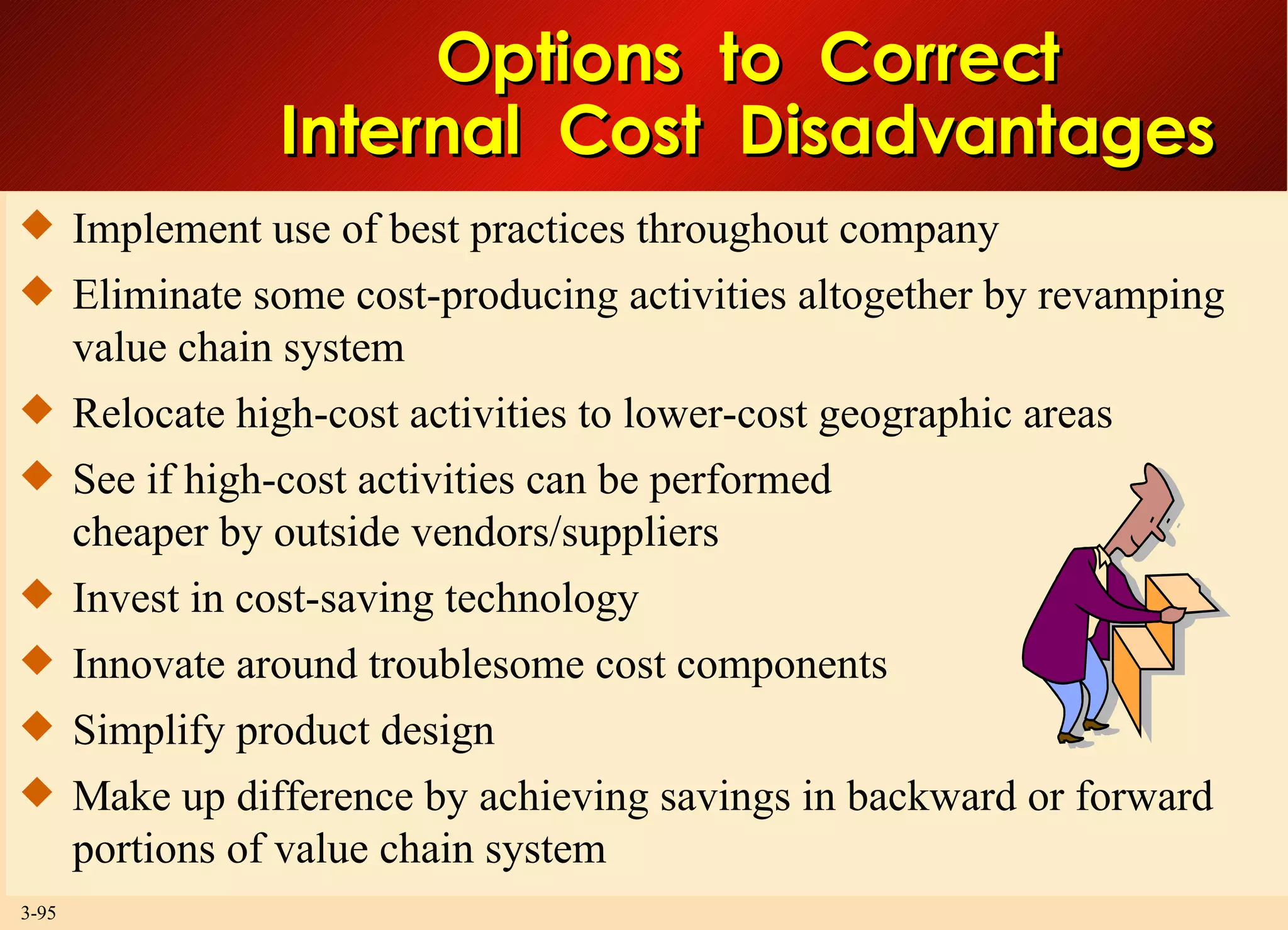 Options  to  Correct Internal  Cost  Disadvantages Implement use of best practices throughout company Eliminate some cost-producing activities altogether by revamping value chain system Relocate high-cost activities to lower-cost geographic areas See if high-cost activities can be performed cheaper by outside vendors/suppliers Invest in cost-saving technology Innovate around troublesome cost components Simplify product design Make up difference by achieving savings in backward or forward portions of value chain system 