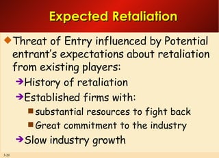 Expected Retaliation Threat of Entry influenced by Potential entrant’s expectations about retaliation from existing players: History of retaliation Established firms with:  substantial resources to fight back Great commitment to the industry Slow industry growth 