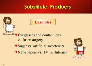 Substitute  Products Eyeglasses and contact lens vs. laser surgery Sugar vs. artificial sweeteners Newspapers vs. TV vs. Internet Examples 