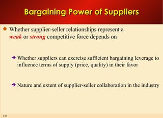 Bargaining Power of Suppliers Whether supplier-seller relationships represent a weak  or  strong  competitive force depends on Whether suppliers can exercise sufficient bargaining leverage to influence terms of supply (price, quality) in their favor Nature and extent of supplier-seller collaboration in the industry 