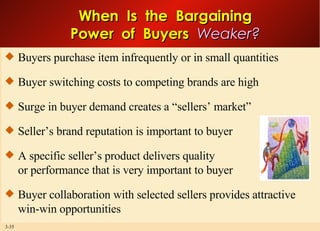 When  Is  the  Bargaining Power  of  Buyers  Weaker? Buyers purchase item infrequently or in small quantities Buyer switching costs to competing brands are high Surge in buyer demand creates a “sellers’ market” Seller’s brand reputation is important to buyer A specific seller’s product delivers quality or performance that is very important to buyer Buyer collaboration with selected sellers provides attractive win-win opportunities 