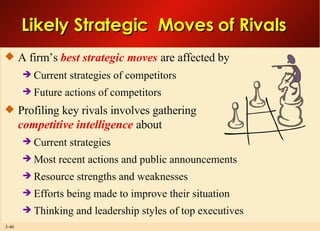 Likely Strategic  Moves of Rivals A firm’s  best strategic moves  are affected by Current strategies of competitors Future actions of competitors  Profiling key rivals involves gathering competitive intelligence  about Current strategies Most recent actions and public announcements Resource strengths and weaknesses Efforts being made to improve their situation Thinking and leadership styles of top executives 