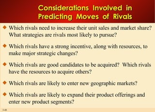 Considerations  Involved  in Predicting  Moves  of  Rivals Which rivals need to increase their unit sales and market share?  What strategies are rivals most likely to pursue? Which rivals have a strong incentive, along with resources, to make major strategic changes? Which rivals are good candidates to be acquired?  Which rivals have the resources to acquire others? Which rivals are likely to enter new geographic markets? Which rivals are likely to expand their product offerings and enter new product segments? 