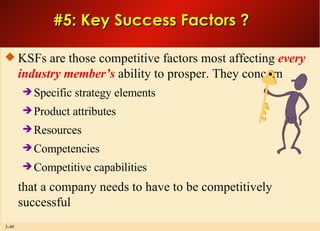 #5: Key Success Factors ? KSFs are those competitive factors most affecting  every industry member’s  ability to prosper. They concern   Specific strategy elements Product attributes Resources Competencies Competitive capabilities that a company needs to have to be competitively successful 