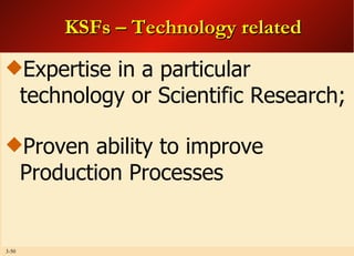KSFs – Technology related Expertise in a particular technology or Scientific Research; Proven ability to improve Production Processes 