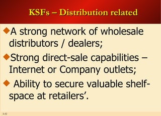 KSFs – Distribution related A strong network of wholesale distributors / dealers; Strong direct-sale capabilities – Internet or Company outlets; Ability to secure valuable shelf-space at retailers’. 