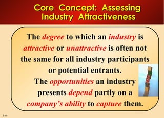 Core  Concept:  Assessing  Industry  Attractiveness The  degree  to which an  industry  is  attractive  or  unattractive  is often not the same for all industry participants or potential entrants. The  opportunities  an industry presents  depend  partly on a company’s ability  to  capture  them. 